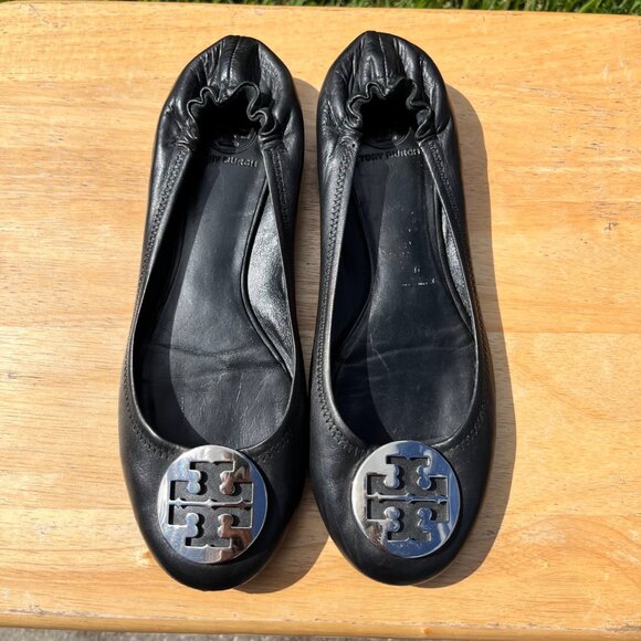 Tory Burch Minnie Black Leather Travel Ballet Flats Size 12 - Picture 1 of 9